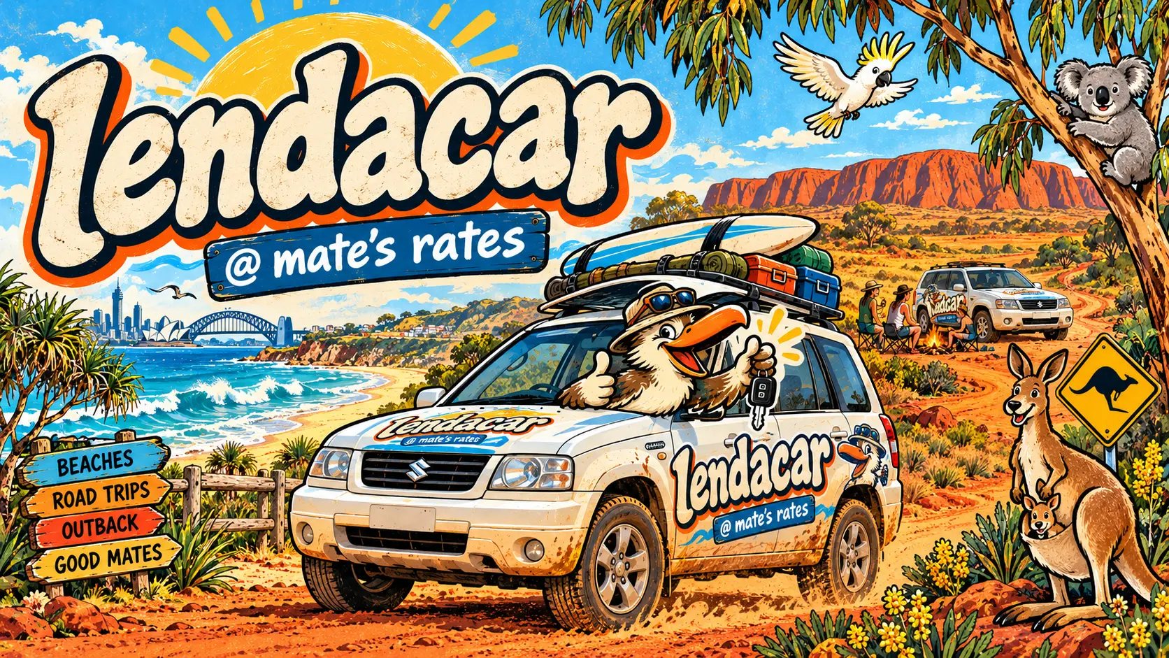 Lendacar Suzuki Vitaras cruising from the beach to the outback